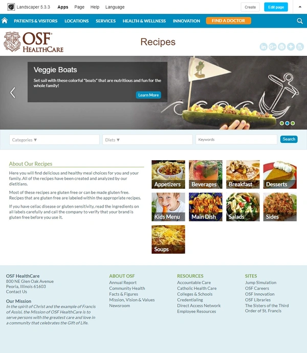 OSF Healthcare recipe homepage featuring Veggie Boats and categorized healthy meal options, including breakfast, kids menu, sides, and desserts