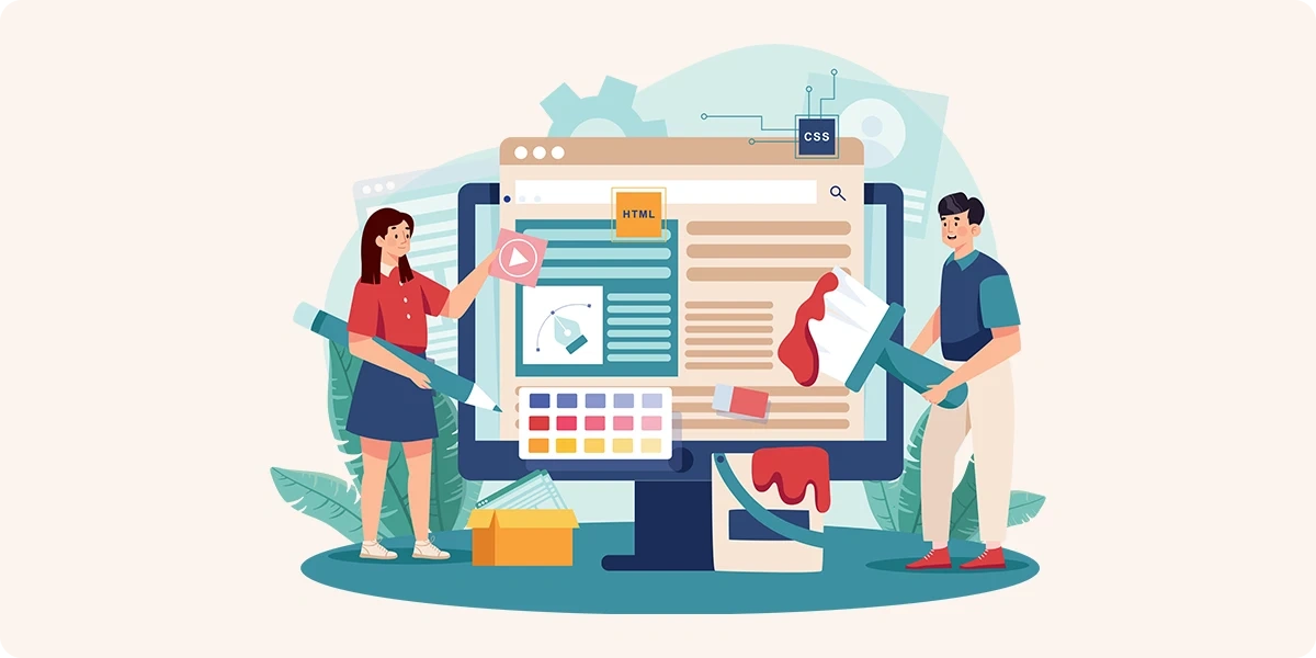 Creative team designing and developing a Digital Agency Website with HTML, CSS, color palette, and multimedia elements on a computer screen illustration