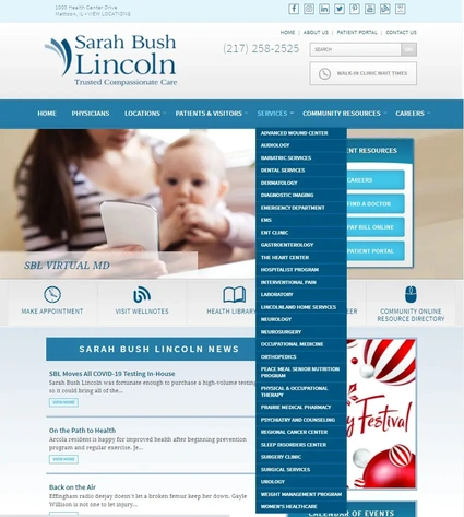 Previous services menu for Sarah Bush Lincoln Regional Hospital showing an alphabetical list of select specialties and service lines, not organized by medical conditions