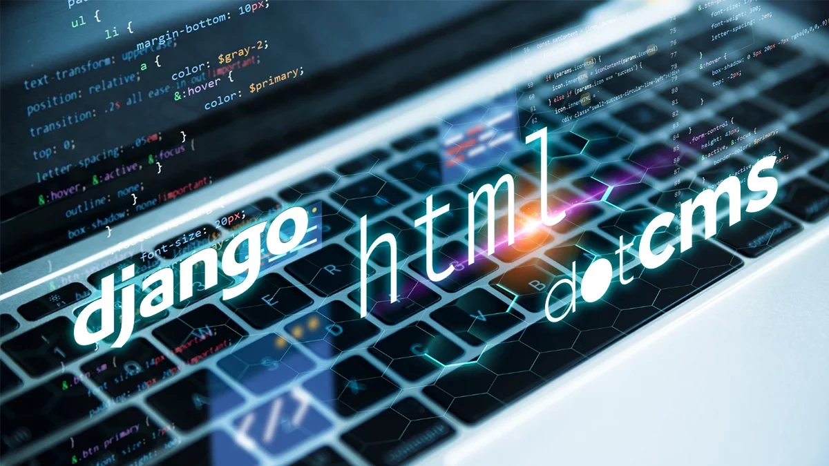 Keyboard with floating code and text highlighting Django, HTML, and dotCMS—modern technologies used in responsive website design and web development frameworks