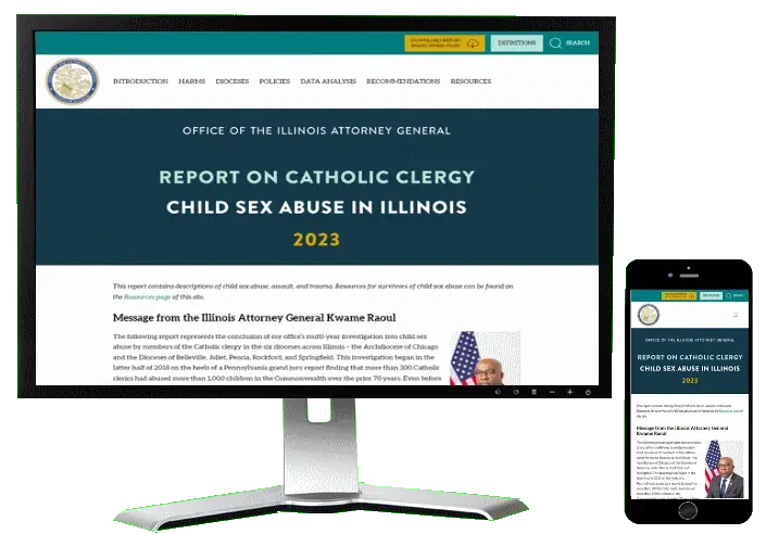 Responsive website design for the Illinois Attorney General’s report on Catholic clergy abuse, displayed on desktop and mobile by a Chicago website design company.