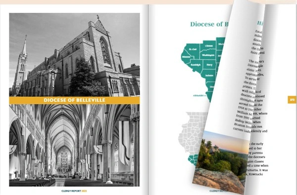 Interior page spread from the Illinois Attorney General’s clergy abuse report featuring the Diocese of Belleville, with photography, regional maps, and dynamic page-turn design.